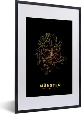 Produktbild von MuchoWow® Gerahmtes Poster Karte - Münster - Gold - Karte - Stadtplan 40x60 cm - Poster mit Schwarzem Bilderrahmen Wandposter Rahmen Foto Bilder - Poster in Rahmen
