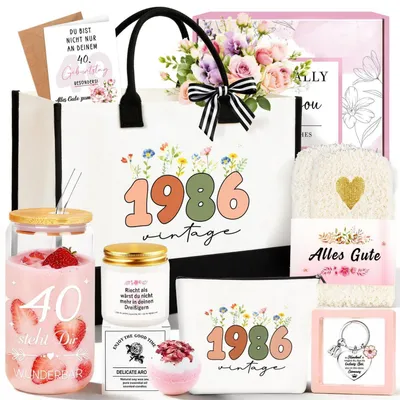 Produktbild von Geburtstagsgeschenk Set 40. Geburtstag für Frauen 8 Teile Vintage 1986 Canvas Tasche Grußkarte