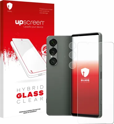 A product box and a smartphone with a screen protector are displayed.