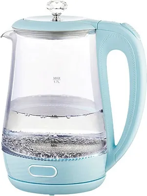 A light blue glass electric kettle filled with water, shown on a white background.