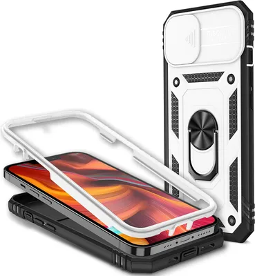 Immagine prodotto di Custodia ad anello in stile militare NALIA per iPhone 13, estremamente protettiva con cornice del display e copertura della fotocamera, bianco
