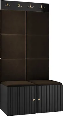 Produktbild von MIRJAN24 Garderoben-Set Orion Ryfel Slim IV, Schuhschrank, Kleiderhakenbrett, 8x Paneel 42x42, Metallgriffe, 4 Kleiderhaken (Farbe: Schwarz, Manila 04)