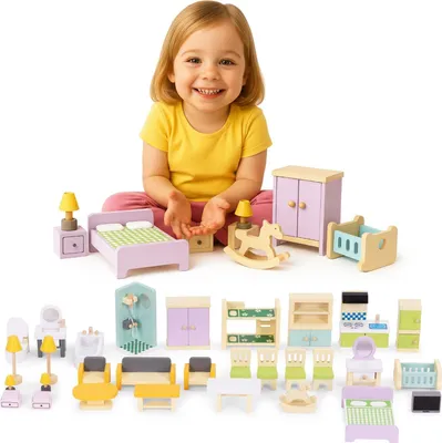 Immagine prodotto di Set di mobili per casa delle bambole in legno, 30 pezzi per bambini