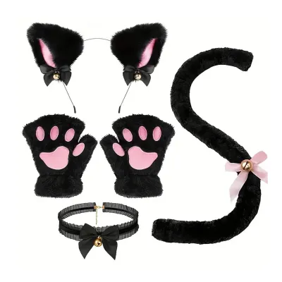 Produktbild von 4-teiliges Katzenkostüm-Cosplay-Zubehörset aus Plüschmaterial, Katzenohr-Stirnband, Glocke, Halskette, Krallen, Handschuhe, Schwanz-Set, Einheitsgröße, Schwarz