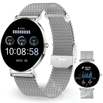 A smartwatch with a silver mesh band is displayed against a white background, with a smaller inset image of another smartwatch screen.