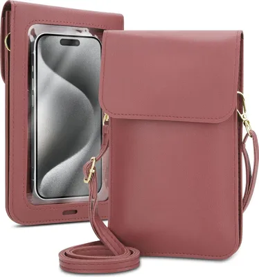 A pink crossbody phone bag with a clear window for the phone screen.