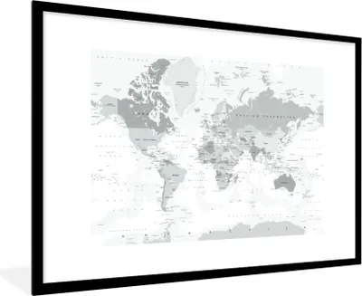 Produktbild von MuchoWow® Gerahmtes Poster Weltkarte - Weiß - Grau - Erde 90x60 cm - Poster mit Schwarzem Bilderrahmen Wandposter Rahmen Foto Bilder - Wanddekoration - Fotos
