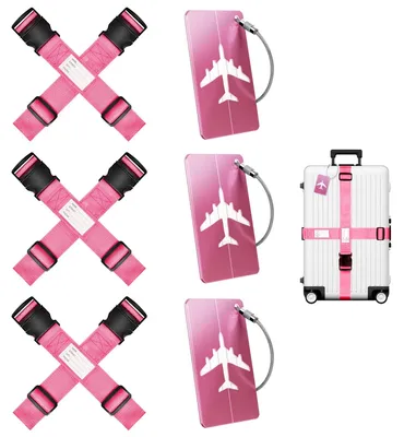 Immagine prodotto di Set di 6 elastici per valigie con 3 etichette per bagaglio (rosa)