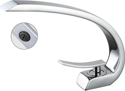 A modern, chrome-finished bathroom faucet with a unique, curved design.