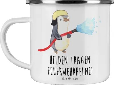 Produktbild von Mr. & Mrs. Panda Teetasse Feuerwehrmann Helden - Weiß - Geschenk, Tapferkeit, Danke, Feuerwehrhelme, Haferl, Pott, Bedanken, Emaille Tasse, handgefertigt, Teebecher