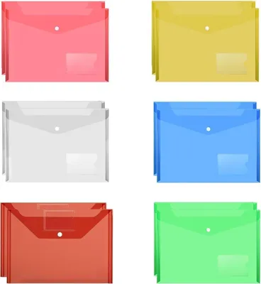 Produktbild von A4-Kunststoffhüllen in 6 verschiedenen Farben, 12 Stück, transparente Kunststoff-Ordner für Papiere, Druckknopf-Dokumentenhalter für Zuhause, Büro, Schule und Reisen