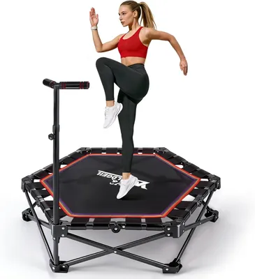 Immagine prodotto di ZMH Trampolino da interno pieghevole mini per bambini con manubrio regolabile in altezza, portata 150 kg, Ø 86,5 cm, trampolino da giardino per adulti da usare a casa