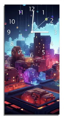 Produktbild von Wallario Design Wanduhr bedruckt, Größe 30 x 60 cm, Motiv: Leuchtende Pixelstadt