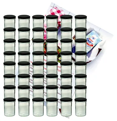 Image de lot de 48 pots à confiture de 435 ml, verre To 82, couvercle noir, livret de recettes inclus