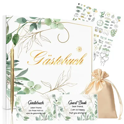 Imagen del producto de Libro de visitas para boda, juego con bolígrafos y pegatinas, diseño de eucalipto