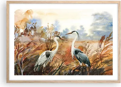 Produktbild von Gerahmtes Poster - Rahmen in heller Eiche - Kraniche Vögel Herbst - 70x50 cm - Wand Bild - Wanddeko - Wandbilder - Kunstposter - Wandposter - Bilderrahmen - Bilder - Kunstdruck - P2NAA70x50-5077
