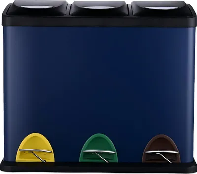 Immagine prodotto di Cestino Relaxdays, 3 scomparti, 24 L, pedale, secchiello interno, separatore di rifiuti da cucina, L x P x A: 39,5 x 46 x 26,5 cm, ferro, blu