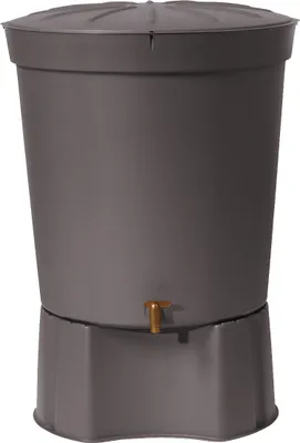 A dark gray rain barrel base is shown against a white background.