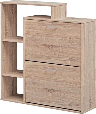 Produktbild von Moderner Schuhkipper MASSA Holz 2 Fächer Sonoma Eiche 12 Paar Schuhe, Schuhschrank 85 x 24 x 93 cm, Schuhkommode Flur mit Ablage Regal
