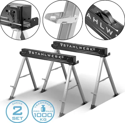 Produktbild von STAHLWERK Sägebock 2er Set 500 kg Universal Arbeitsbock Klappbock Gerüstbock