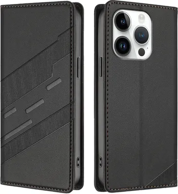Produktbild von Hülle für iPhone 16 Pro, Kunstleder Brieftaschen Handyhülle mit Kartenfach und Standfunktion Schwarz