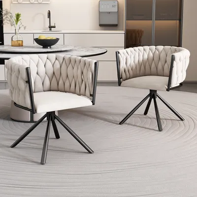 Immagine prodotto di MODFU - Sedia da pranzo imbottita (set da 2), girevole a 360°, poltrona per soggiorno con braccioli e gambe in acciaio, sedia da cucina, sedia da trucco, in velluto, color beige