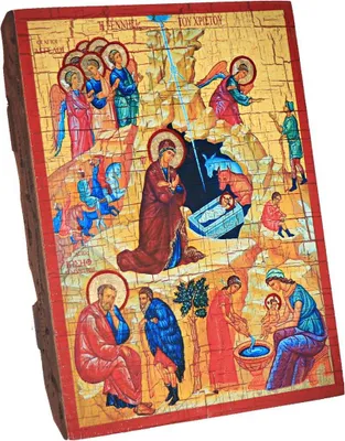 Produktbild von Geburt Jesu Christi, Weihnachten Christliche Holz Ikone 16x12,5 Handarbeit 37032