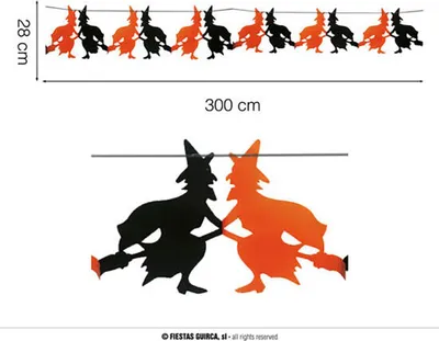 Imagen del producto de Guirnalda de Halloween con temática de brujas, decoración para fiestas, 300 cm, color  y naranja. Elementos decorativos encantadores, para una noche espeluznante, con motivos de brujas. Creativo, color: naranja