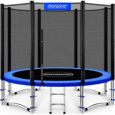 A trampoline with a safety net, ladder, and blue edge padding, set against a white background.