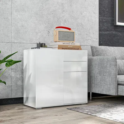 Produktbild von Sideboard Kommode modern Weiß Hochglanz & Grau Holz-Optik Anrichte aus Holzwerkstoff mit 2 Schubladen und 2 Türen für Wohnzimmer Flur 79x36x74 cm