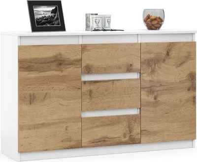 Obrázek produktu pro VBChome Komoda 120 x 35 x 75 cm se 3 zásuvkami a 2 dvířky Bílá - Dub Wotan Komoda bez úchytek Víceúčelová skříň do předsíně Ložnice