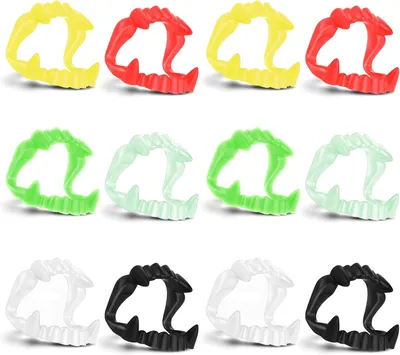 Imagen del producto de Dientes de vampiro - Set de 12 unidades - Plástico - Dientes de vampiro luminosos - Para adultos - Dientes de Drácula - Halloween - Fiesta