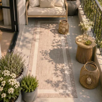 Produktbild von Volero - Balkonteppich - Sierra Border Beige Creme - 80x300 cm - Balkon, Garten / Terrasse, Flur - Boho, Modern