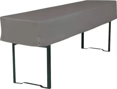 A gray upholstered bench with dark metal legs, shown against a white background.