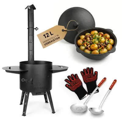 Produktbild von Usbekischer Uchag 2mm Stahl 12L Outdoor Kazan Set Feuerstelle Ofen Abzugsrohr Komplettset Aluminiumdeckel Zubehör Grillhandschuhe Seitentische Feldküche Plov Campingofen