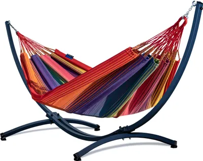 Produktbild von Potenza Outdoor Hängematte mit Gestell für 2 Personen I Arriba - 100% Baumwolle Doppelhängematte 230x160 cm, 220kg I Hängemattengestell 220kg, wetterfest