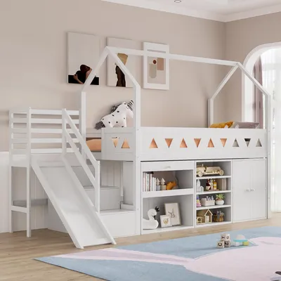 Obrázek produktu pro MODFU podkrovní postel 90x200cm s ochranou proti vypadnutí, patrová postel pro děti se skluzavkou, patrová postel z masivu se zásuvkami a skříňkou, rám postele pro mládež, bílá barva