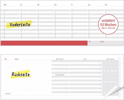 Produktbild von Roter Tischkalender Wochenplaner undatiert – 53 Blatt für 1 Jahr – DIN Lang Querformat – Wochen Tischkalender Block mit Habit Tracker – Wochenplaner Schreibtisch für Schule, Büro & Business
