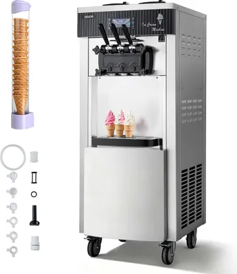 Obrázek produktu pro VEVOR Komerční stroj na výrobu měkké zmrzliny 2200 W, volně stojící stroj na výrobu zmrzliny s produkcí 20–28 l/h, se 3 příchutěmi a 2 nádobami (6 l), předběžným chlazením a samočistícím systémem pro obchody se snacky a dezerty