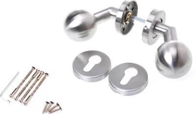 A set of door handles and screws on a white background.