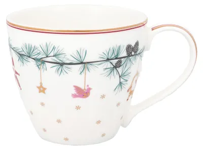 A white ceramic mug with a festive Christmas-themed design.