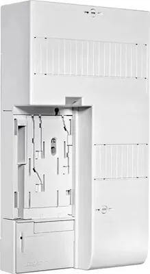 A white electrical adapter is shown from a side-angle.