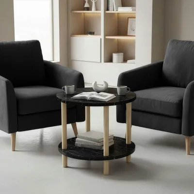 Produktbild von Beistelltisch Rund Eiche 2 Ablagen 49 x Ø 42 cm Wohnzimmer Sofatisch Couchtisch Holzmer (Schwarz-marmor, Rund)