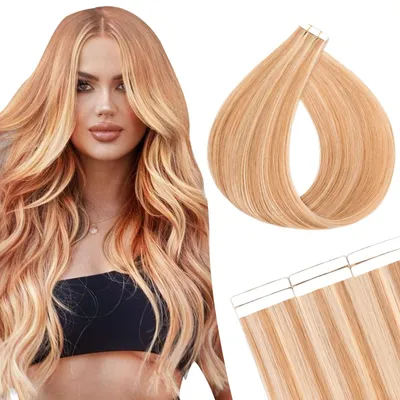 Obrázok produktu pre 10 kusov príčesov z prírodných vlasov, pripevňovaných páskou, 14 Inch, farba svetlohnedá s blond odtieňmi