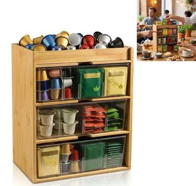 Produktbild von Bambus Teebox Organizer 3 Ebenen mit Transparenten Schubladen