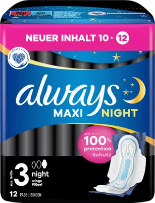Produktbild von always maxi Damenbinde Night mit Flügeln 10 Größe 3 12 Stück