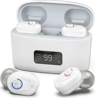 A white charging case with two earbuds inside and two earbuds placed in front of the case.