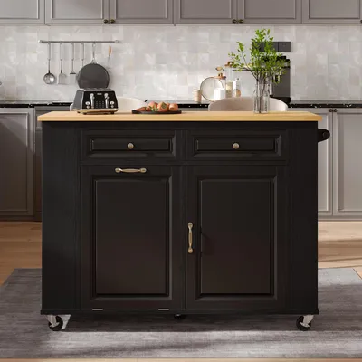 Produktbild von okwish Ausziehbarer Kücheninsel Küchenschrank Servierwagen mit Rollen und Abfallbehälterfach,Sideboard mit Handtuchhalter und  Steckdosenleisten,Schwarz
