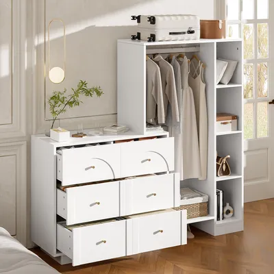 Produktbild von okwish Multifunktional Eingangsschrank mit offene Garderobe und Seitenregalen, Flurschrank mit  6 Schubladen,Viel Stauraum,Weiß
