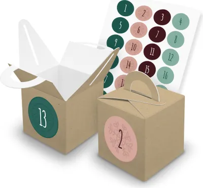 Produktbild von itenga SET V43 Adventskalender Würfelbox mit Griff Braun + Zahlensticker Z14